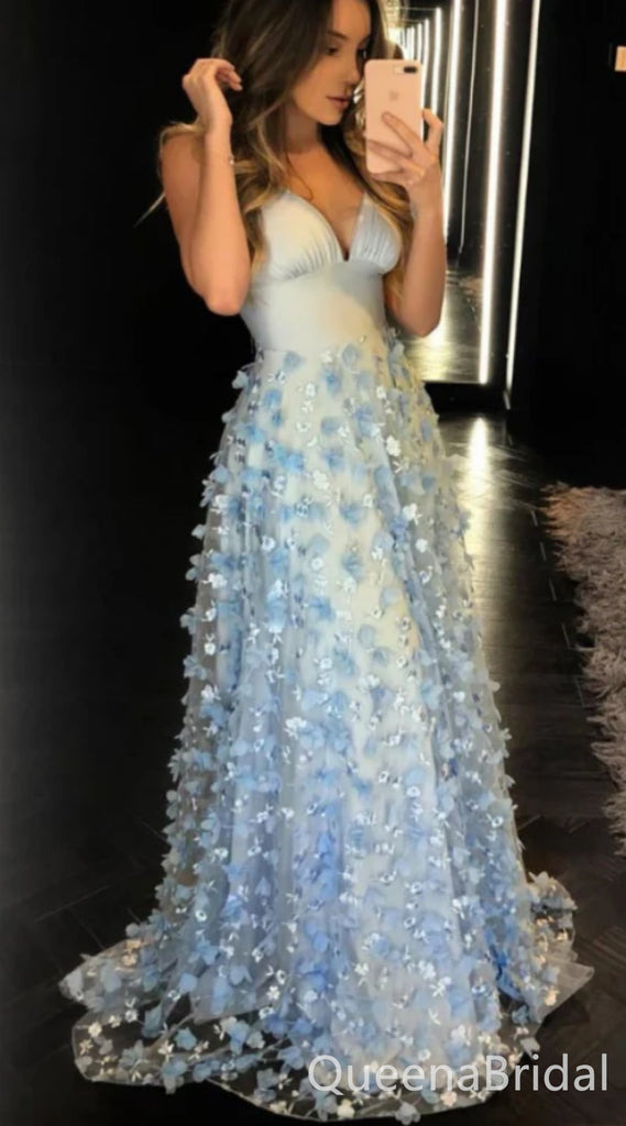 Light Blue Plunging 3D Floral Prom Dresses to Impress ,WGP1306