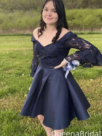 Gorgeous Off-shoulder Long Sleeves A-line Short Mini Homecoming Dress,QB1007