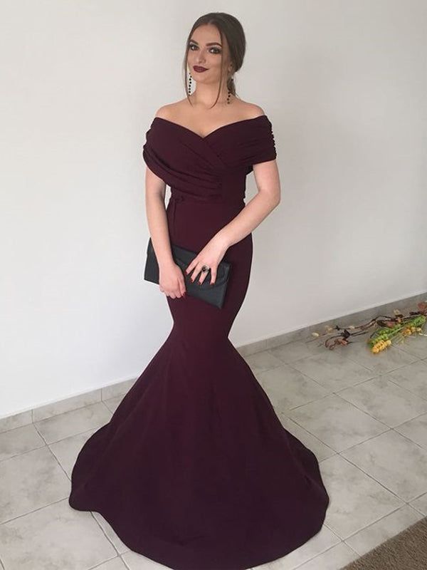 Sexy Burgundy Mermaid Off Shoulder Maxi Long Party Prom Dresses Online,WGP321