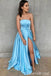 Strapless Blue A-line Evening Gown Maxi Long Evening Party Prom Dresses with Side Slit ,WGP1113