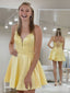 Cute Sexy V-Neck Lace Up Back Yellow A-Line Spaghetti Straps Short Homecoming Dresses , QB0547