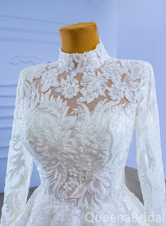 Gorgeous White High Neck Long Sleeves Lace Appliques Lace up Back Long Party Dress Prom Dresses ,WGP1782