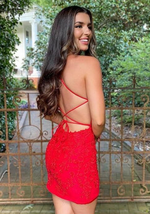 Sexy Sweetheart Lace Up Back Red Spaghetti Straps Lace Appliques Short Homecoming Dresses , QB0548