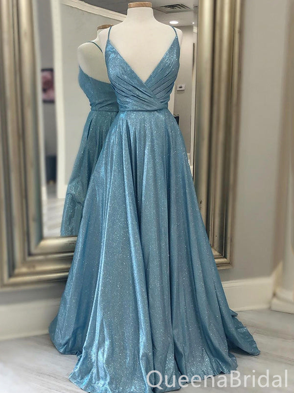 Elegant Shiny Blue V Neck A-line Party Dress Long Prom Dresses to Impress ,WGP1600