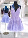 Elegant Purple Spaghetti Straps Appliques Lace V Neck Short Homecoming Dresses ,QB0391