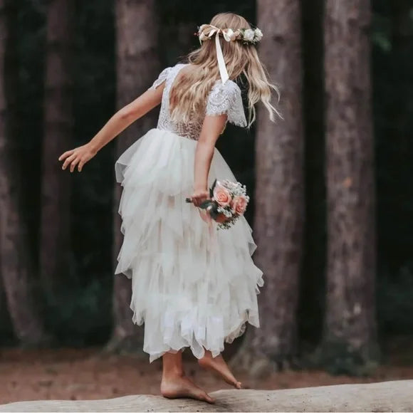 Elegant White Tulle Lace Appliques A-Line Cheap Simple Long Flower Girl Dresses, FGS0041