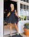 Elegant Black Chiffon Pleats Lace Up Back V Neck A-Line Cheap Simple Short Homecoming Dresses, QB0410