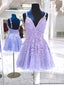 Elegant Purple Spaghetti Straps Appliques Lace V Neck Short Homecoming Dresses ,QB0391