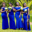 Royal Blue Off Shoulder Mermaid Long Bridesmaid Dresses with Side Slit , BDS0185