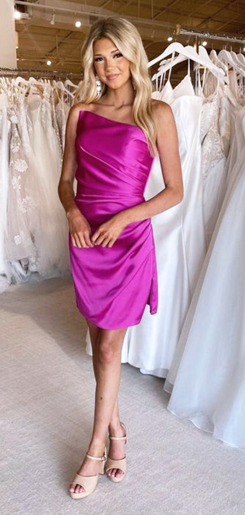 Elegant Pink One Shoulder Soft Satin Simple Cheap Sheath Short Homecoming Dresses, QB0528