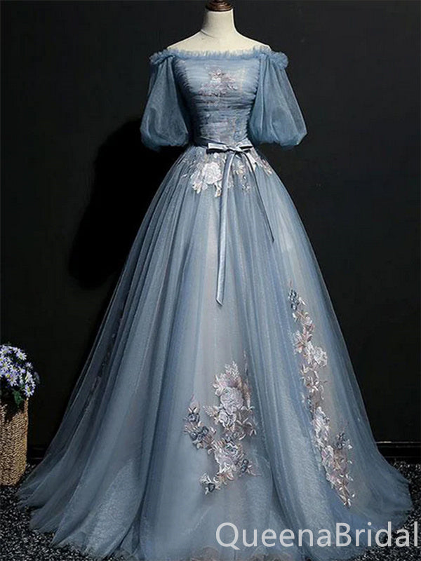 Grey Blue Off Shoulder Flower Embroidery A-line Ball Gown Lace up Back Evening Gown Maxi Long Evening Party Prom Dresses ,WGP1187