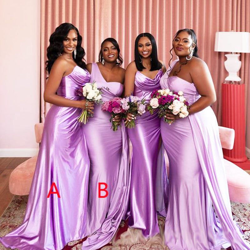 Mismached Purple One Shoulder Simple Cheap Mermaid Long Bridesmaid Dresses, BDS0227