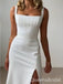 Simple Elegant White Square Neck Long Evening Gown Prom Dresses with Side Slit,WGP580