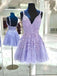 Elegant Purple Spaghetti Straps Appliques Lace V Neck Short Homecoming Dresses ,QB0391