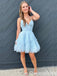 Elegant Light Blue Spaghetti Straps A-line V-neck Graduation Party Homecoming Dresses with Ruffles ,QB0675