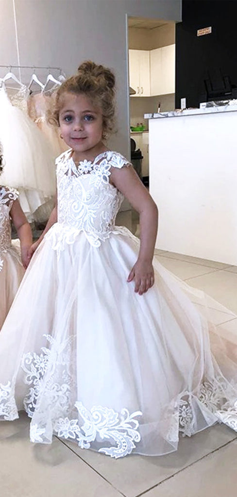 Cute White A- Line Sleeveless Tulle Lace Appliques Simple Cheap Flower Girl Dresses, FGS0029