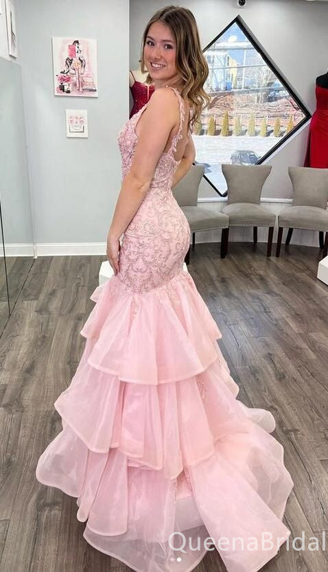 Elegant Light Pink Lace Appliques Layer V-neck Mermaid Evening Gown Maxi Long Formal Dresses Prom Dresses with Ruffles,WGP817