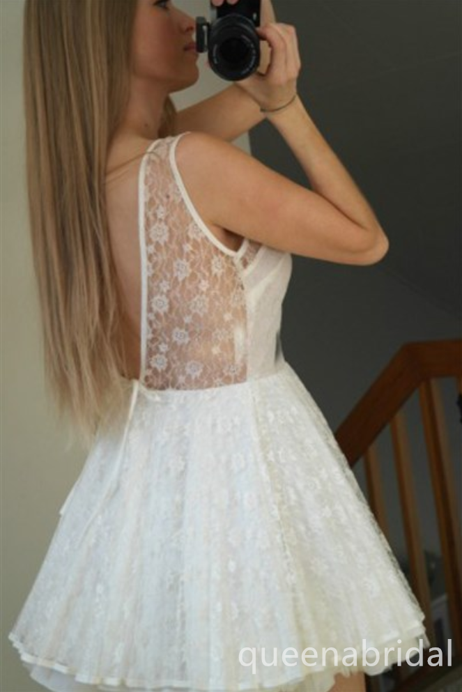 White Illusion Lace A-line Graduation Party Short Homecoming Dresses, QB0779