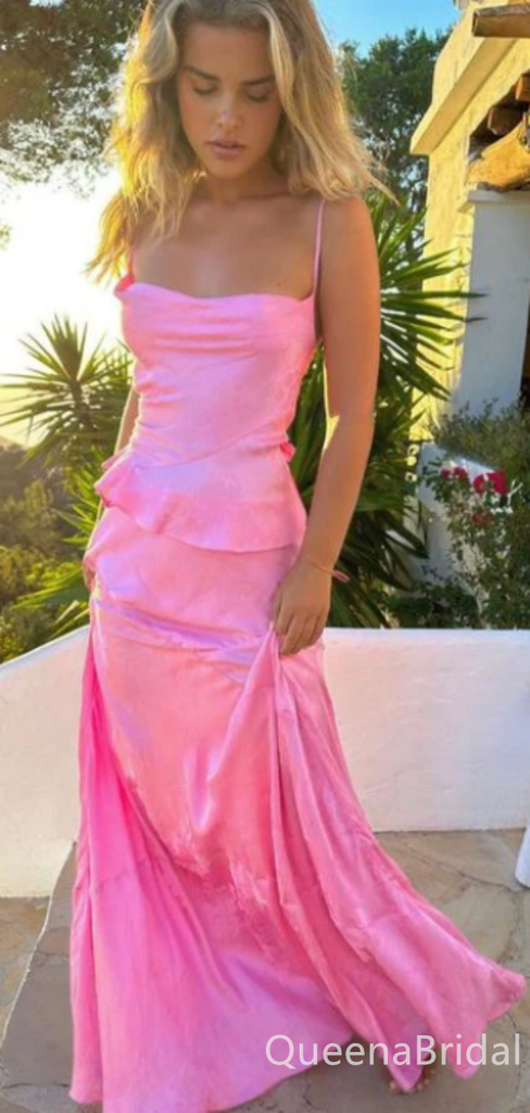 Pink Spaghetti Straps Sheath Evening Gown Maxi Long Formal Dresses Prom Dresses,WGP959