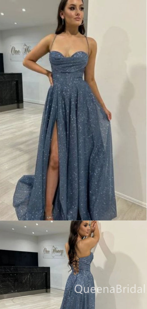 Sexy Sparkly Lace Up Back Spaghetti Straps Sweetheart A-line Evening Gown Long Formal Dresses Prom Dresses with Side Slit ,WGP776