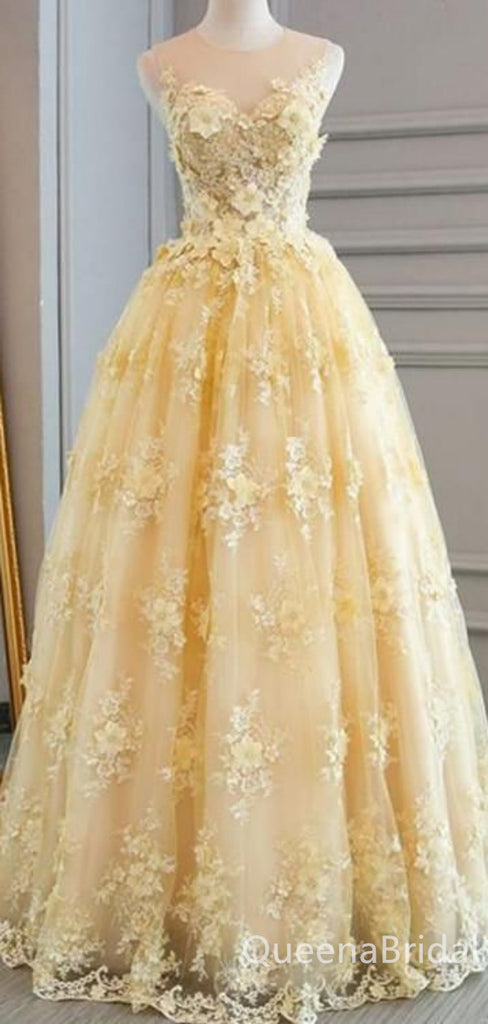 Enchanting Elegant Yellow A-line Lace Floral Appliques Tulle Evening Gown Long Prom Dresses with Pleats,WGP738