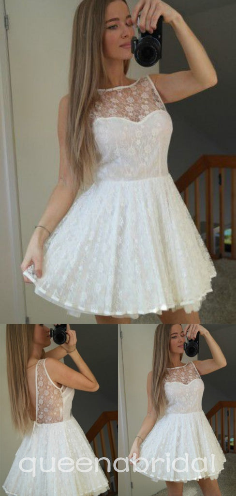 White Illusion Lace A-line Graduation Party Short Homecoming Dresses, QB0779