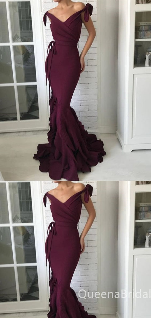 Sexy Burgundy Off-the-shoulder Mermaid V-neck Mermaid Evening Gown Long Formal Dresses Prom Dresses  , WGP755