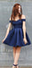 Sexy Dark Blue Off-the-shoulder Plunging A-line Short Homecoming Dresses with Pleats, QB0605