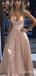 Sexy Elegant Light Pink Lace Up Back Plunging A-line Evening Gown Maxi Long Formal Dresses Prom Dresses,WGP889