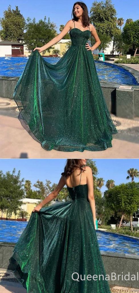 Green Spaghetti Straps Sweetheart Sparkle A-line Evening Gown Maxi Long Evening Party Prom Dresses ,WGP1021