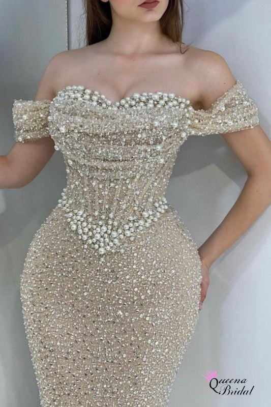 Gorgeous Champagne Off Shoulder Beaded Mermaid Long Party Dress Prom Dresses ,WGP1785