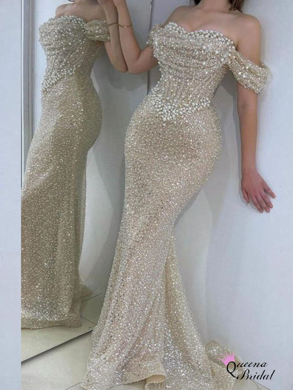 Gorgeous Champagne Off Shoulder Beaded Mermaid Long Party Dress Prom Dresses ,WGP1785