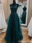 Stunning Green V-neck Lace Applique A-line Tulle Evening Dress, WGP2286