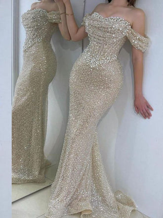 Gorgeous Champagne Off Shoulder Beaded Mermaid Long Party Dress Prom Dresses ,WGP1785