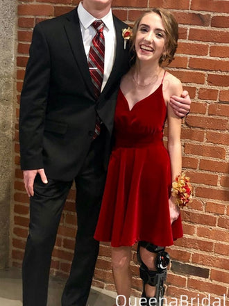 Elegant Spaghetti Strap V-neck A-line Short Mini Homecoming Dress,QB1016