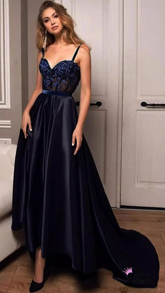 Elegant Navy Blue Lace Appliques Sweetheart A-line Long Party Dress Prom Dresses ,WGP1787