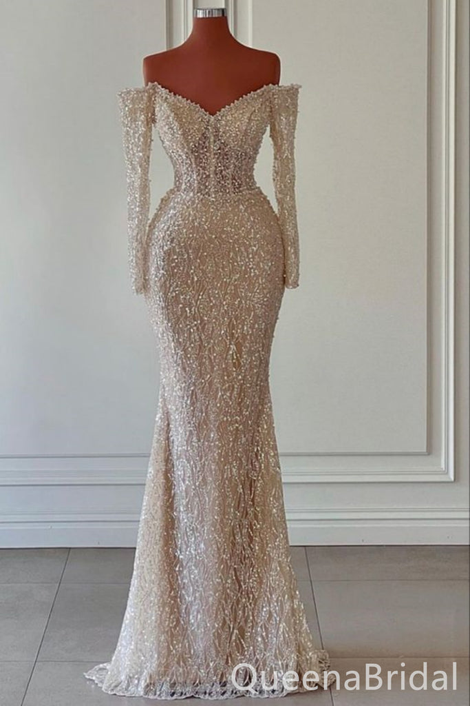 Champagne Long Sleeves V Neck Mermaid Prom Dresses to Impress ,WGP1316