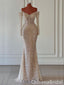 Champagne Long Sleeves V Neck Mermaid Prom Dresses to Impress ,WGP1316