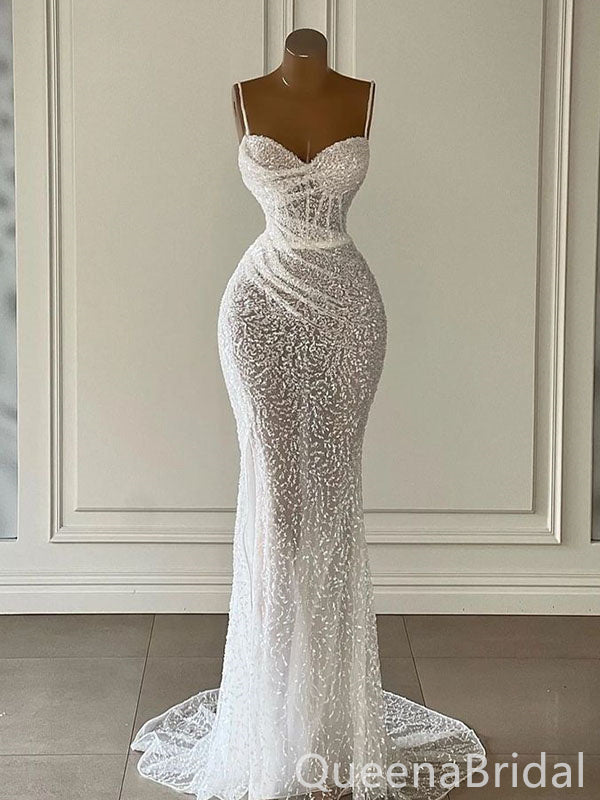 White Spaghetti Straps Sweetheart Mermaid Long Wedding Dresses  ,WGP230