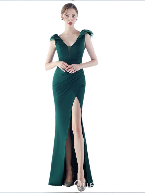 Gorgeous Green V Neck Mermaid Side Slit Long Party Dress Prom Dresses ,WGP1789