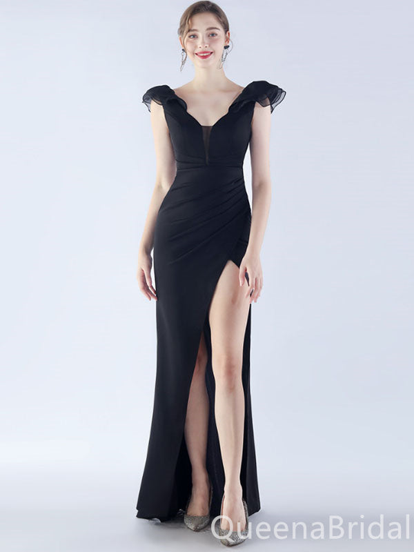 Gorgeous Black V Neck Mermaid Side Slit Long Party Dress Prom Dresses ,WGP1791