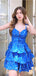 Elegant Blue Spaghetti Straps Ruffle Short Homecoming Dresses, QB0372