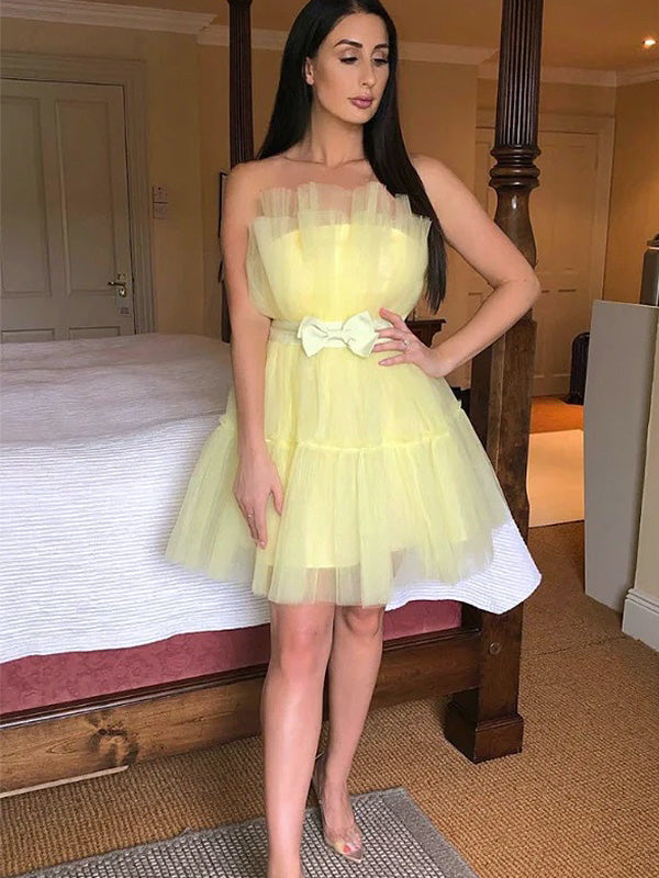 Elegant Yellow Strapless Tulle Simple Cheap Short Homecoming Dresses ,QB0392