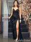 Sexy Black Spaghetti Strap Side Slit V-Neck Mermaid Long Prom Dresses,WGP424