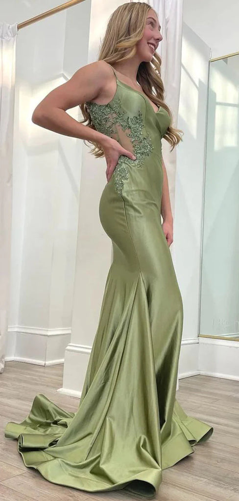 Elegant Green Spaghetti Straps Mermaid Pleats Sweetheart Long Evening Prom Dresses,WGP449