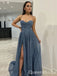 Sexy Sparkly Lace Up Back Spaghetti Straps Sweetheart A-line Evening Gown Long Formal Dresses Prom Dresses with Side Slit ,WGP776