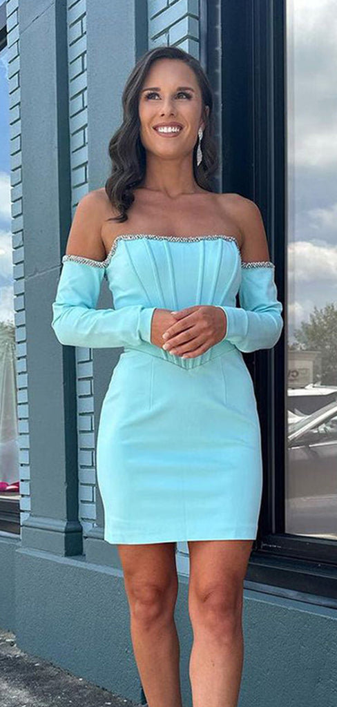 Elegant Blue Off Shoulder Long Sleeves Mermaid Cheap Simple Short Homecoming Dresses, QB0405