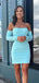 Elegant Blue Off Shoulder Long Sleeves Mermaid Cheap Simple Short Homecoming Dresses, QB0405