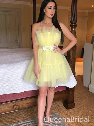 Elegant Yellow Strapless Tulle Simple Cheap Short Homecoming Dresses ,QB0392