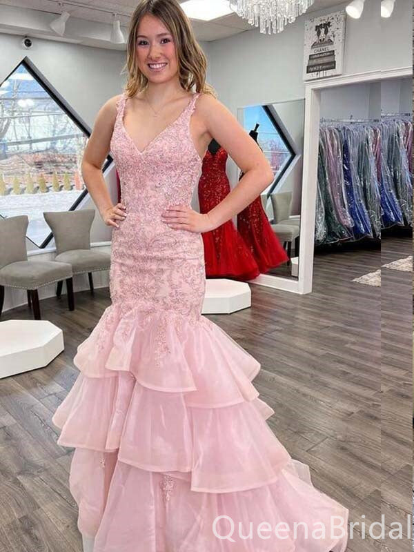 Elegant Light Pink Lace Appliques Layer V-neck Mermaid Evening Gown Maxi Long Formal Dresses Prom Dresses with Ruffles,WGP817